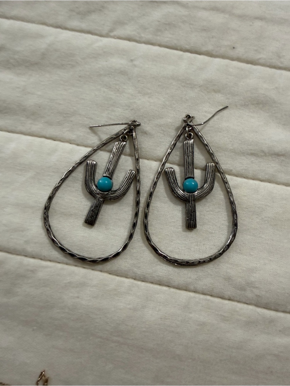Silver Teardrop Cactus Earrings with Turquoise Accent